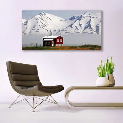 Tableaux sur verre Maison montagne paysage blanc gris brun vert