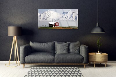 Tableaux sur verre Maison montagne paysage blanc gris brun vert