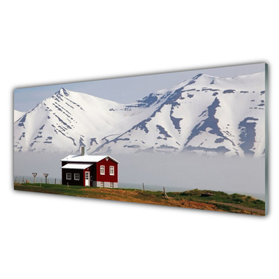 Tableaux sur verre Maison montagne paysage blanc gris brun vert