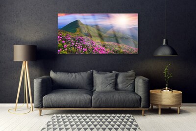 Tableaux sur verre Montagnes prairie fleurs paysage bleu vert rose