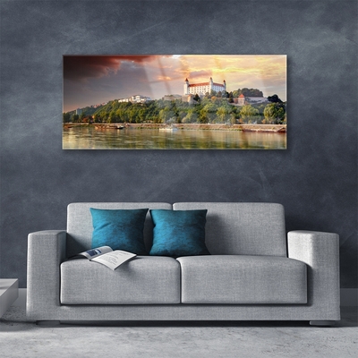 Tableaux sur verre Lac ville paysage blanc brun vert