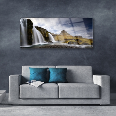 Tableaux sur verre Cascade montagnes paysage gris blanc