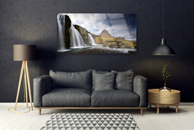 Tableaux sur verre Cascade montagnes paysage gris blanc