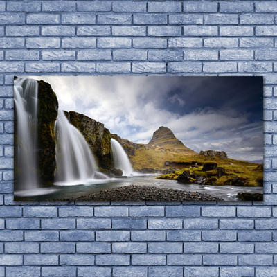 Tableaux sur verre Cascade montagnes paysage gris blanc