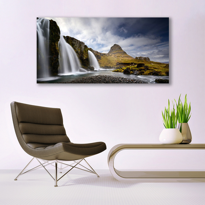 Tableaux sur verre Cascade montagnes paysage gris blanc