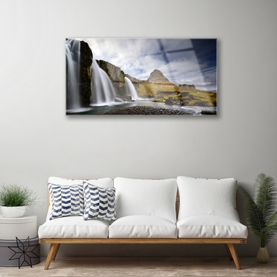 Tableaux sur verre Cascade montagnes paysage gris blanc