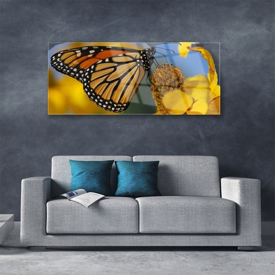 Tableaux sur verre Fleur papillon nature noir blanc jaune