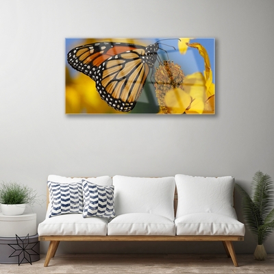 Tableaux sur verre Fleur papillon nature noir blanc jaune