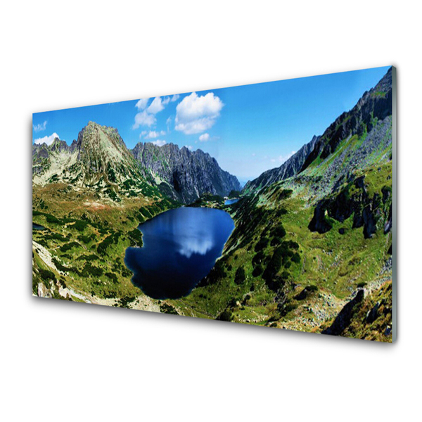 Tableaux sur verre Montagne lac paysage gris vert bleu