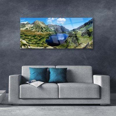 Tableaux sur verre Montagne lac paysage gris vert bleu