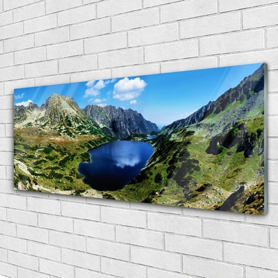 Tableaux sur verre Montagne lac paysage gris vert bleu