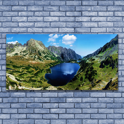 Tableaux sur verre Montagne lac paysage gris vert bleu