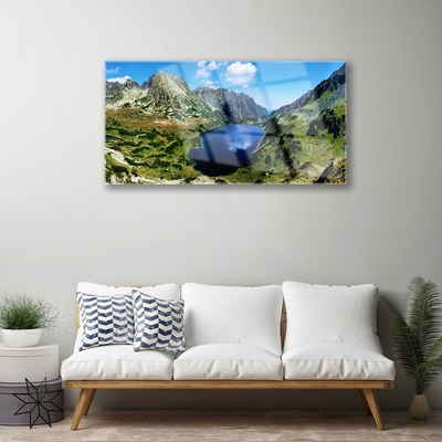 Tableaux sur verre Montagne lac paysage gris vert bleu