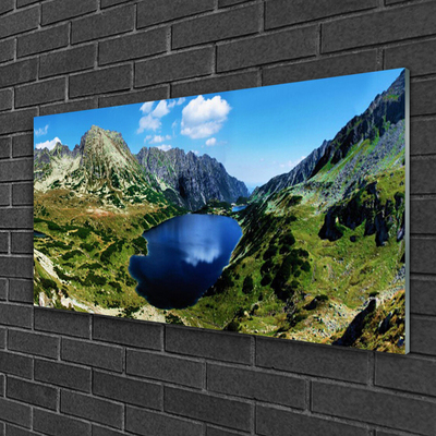 Tableaux sur verre Montagne lac paysage gris vert bleu