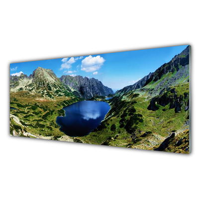 Tableaux sur verre Montagne lac paysage gris vert bleu