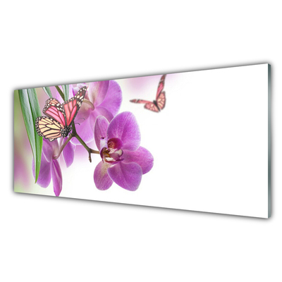 Tableaux sur verre Papillons fleurs nature jaune rose gris