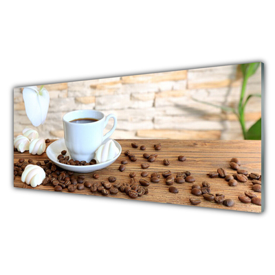 Tableaux sur verre Tasse grains de café cuisine blanc brun