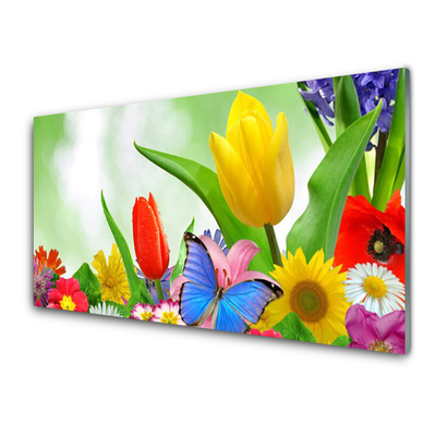 Tableaux sur verre Fleurs papillon nature multicolore