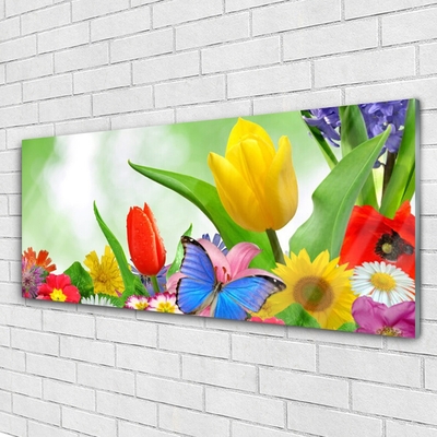 Tableaux sur verre Fleurs papillon nature multicolore