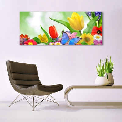 Tableaux sur verre Fleurs papillon nature multicolore