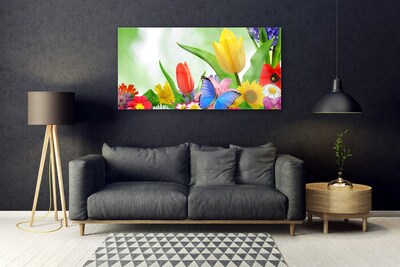 Tableaux sur verre Fleurs papillon nature multicolore