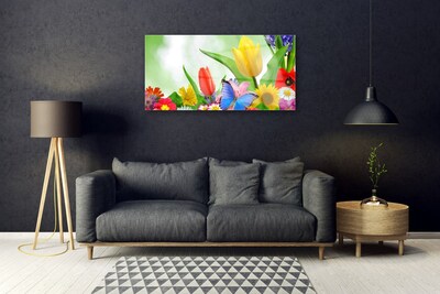 Tableaux sur verre Fleurs papillon nature multicolore