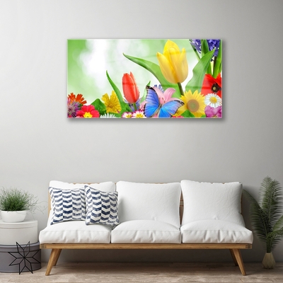 Tableaux sur verre Fleurs papillon nature multicolore