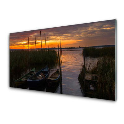 Tableaux sur verre Bateaux herbe mer paysage brun blanc vert gris