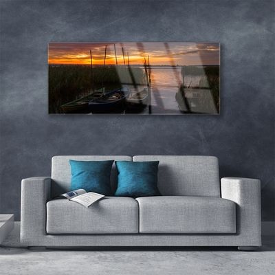 Tableaux sur verre Bateaux herbe mer paysage brun blanc vert gris