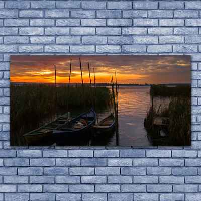 Tableaux sur verre Bateaux herbe mer paysage brun blanc vert gris