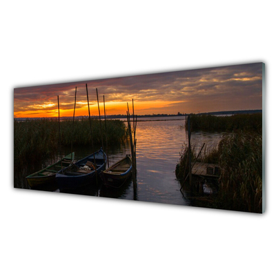 Tableaux sur verre Bateaux herbe mer paysage brun blanc vert gris