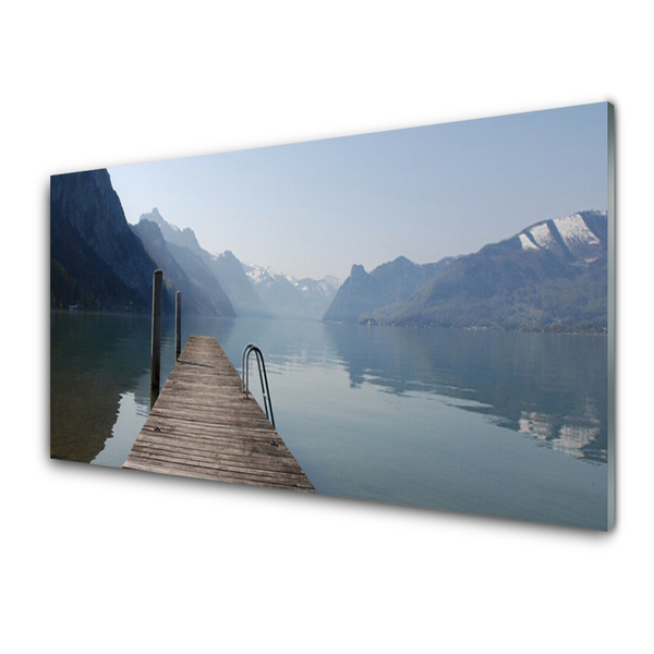 Tableaux sur verre Montagne lac pont architecture gris vert brun