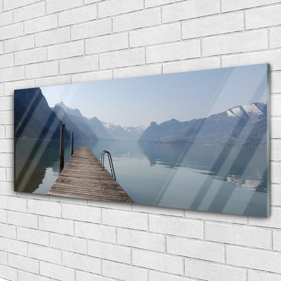 Tableaux sur verre Montagne lac pont architecture gris vert brun