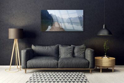 Tableaux sur verre Montagne lac pont architecture gris vert brun