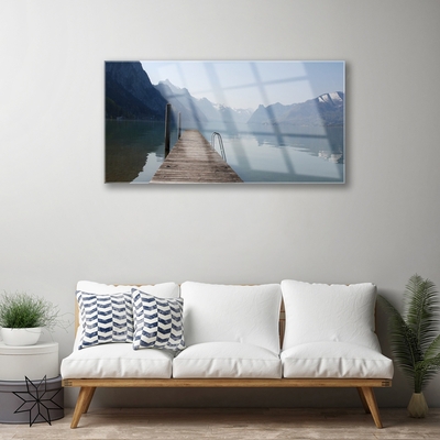 Tableaux sur verre Montagne lac pont architecture gris vert brun