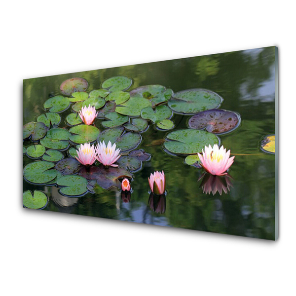 Tableaux sur verre Lac fleurs floral rose vert