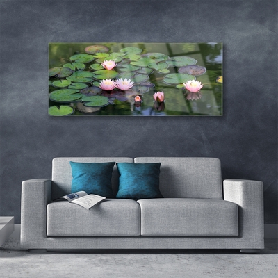 Tableaux sur verre Lac fleurs floral rose vert