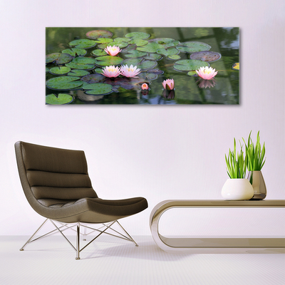 Tableaux sur verre Lac fleurs floral rose vert