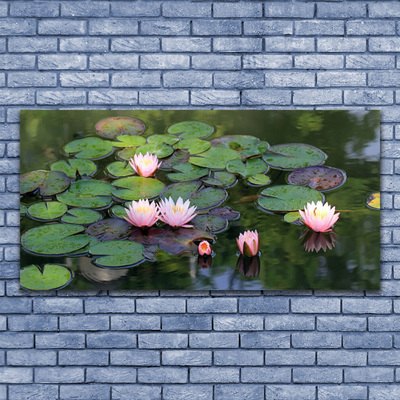 Tableaux sur verre Lac fleurs floral rose vert