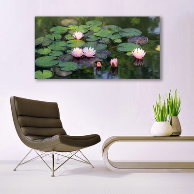 Tableaux sur verre Lac fleurs floral rose vert