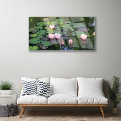 Tableaux sur verre Lac fleurs floral rose vert