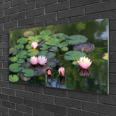 Tableaux sur verre Lac fleurs floral rose vert