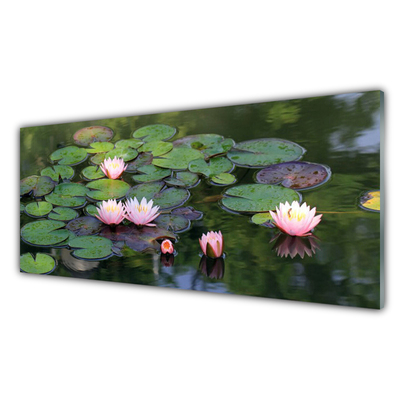 Tableaux sur verre Lac fleurs floral rose vert