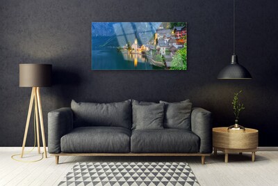 Tableaux sur verre Mer ville paysage bleu jaune gris blanc