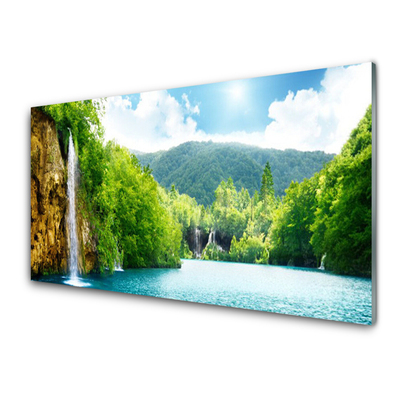 Tableaux sur verre Montagnes forêt paysage brun vert bleu