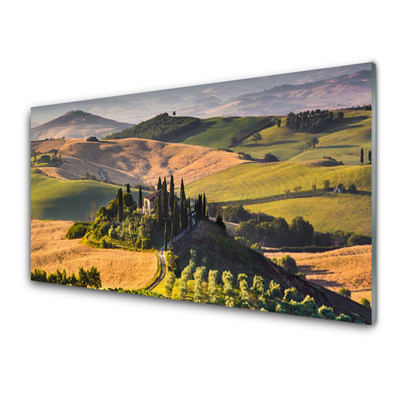 Tableaux sur verre Champ montagnes paysage vert brun