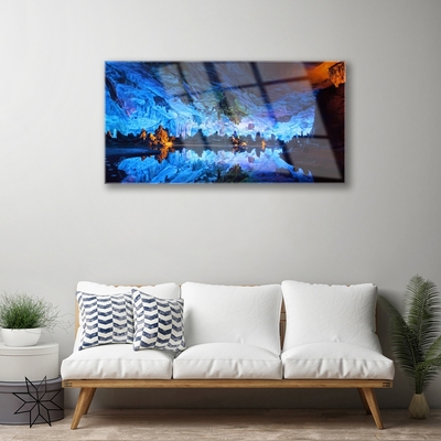 Tableaux sur verre Montagne lac paysage bleu jaune