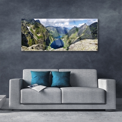 Tableaux sur verre Montagne lac paysage gris vert bleu