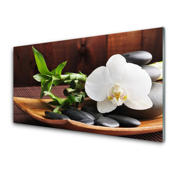 Tableaux sur verre Pierres bambou fleurs art blanc vert noir