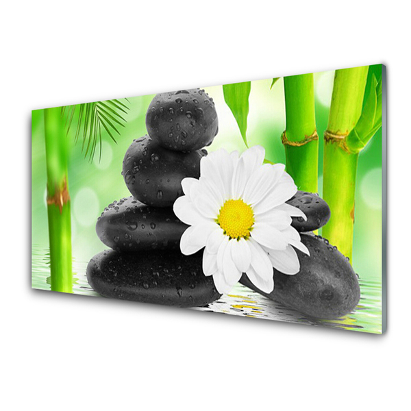 Tableaux sur verre Bambou pierres fleurs art vert blanc noir